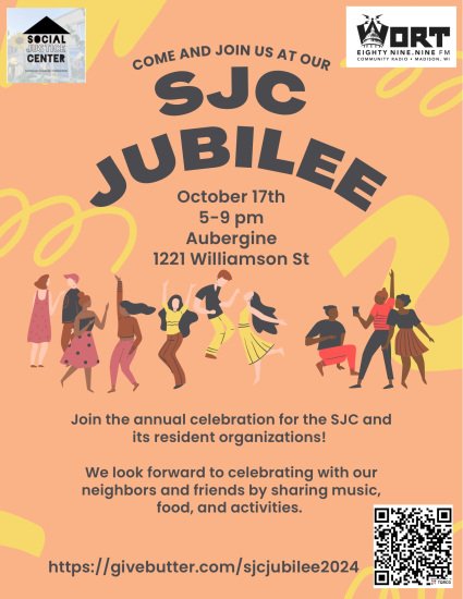 Flyer for social justice center jubilee on October 17th 5-9 pm at the Aubergine.