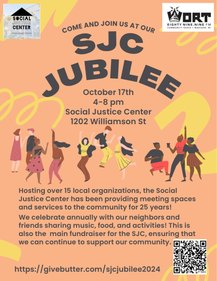 Poster for SJC Jubilee showing people dancing. Provides information on the event. October 17th 4-8 at the Social Justice Center.