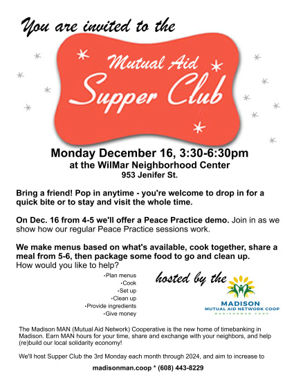 supper club 12/16/24 3:30-6:30pm at the wilmar center