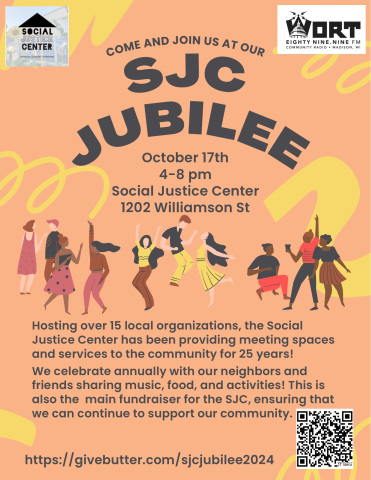 Poster for SJC Jubilee showing people dancing. Provides information on the event. October 17th 4-8 at the Social Justice Center.